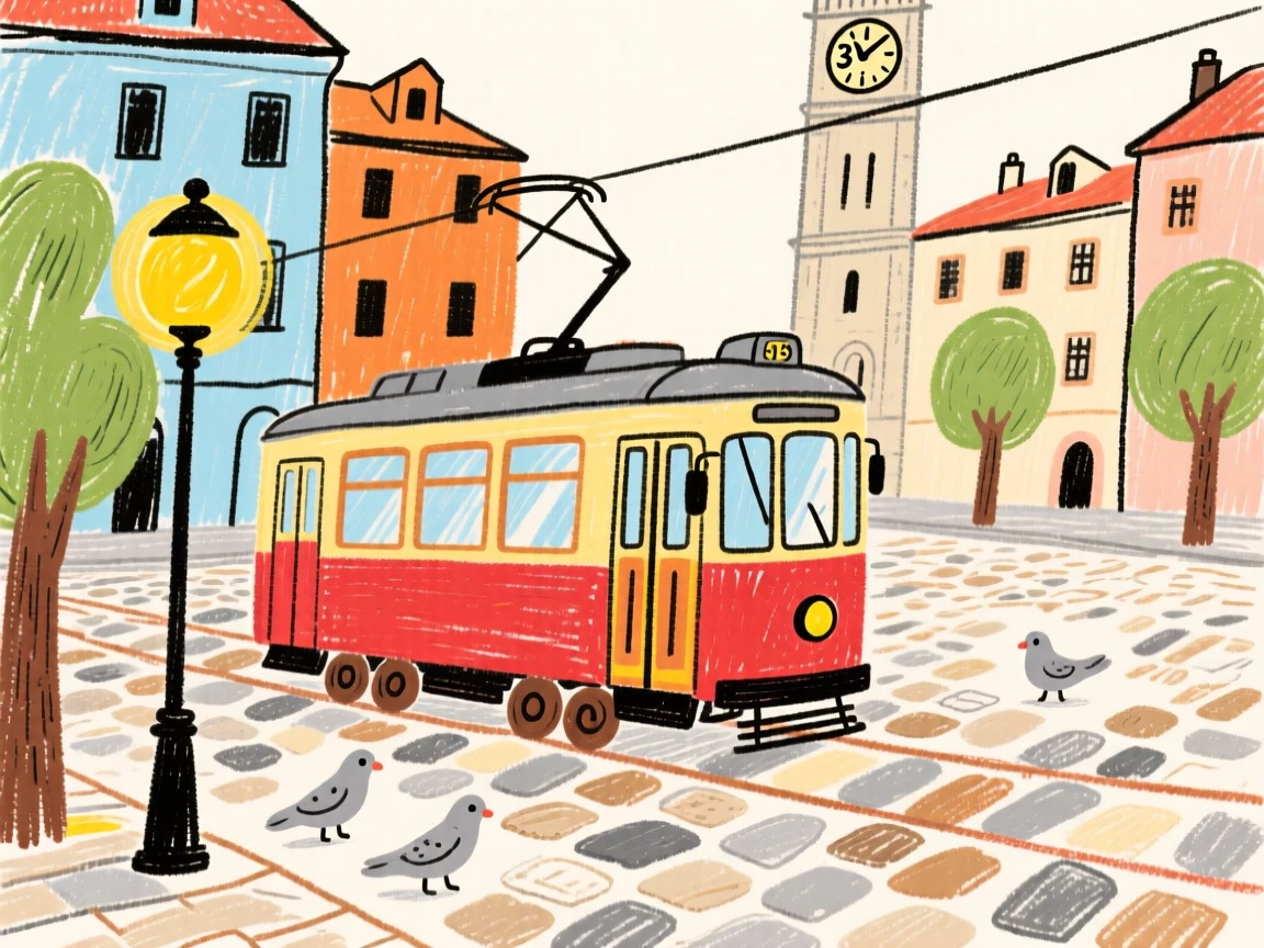A vintage tram rattling through a historic city square.