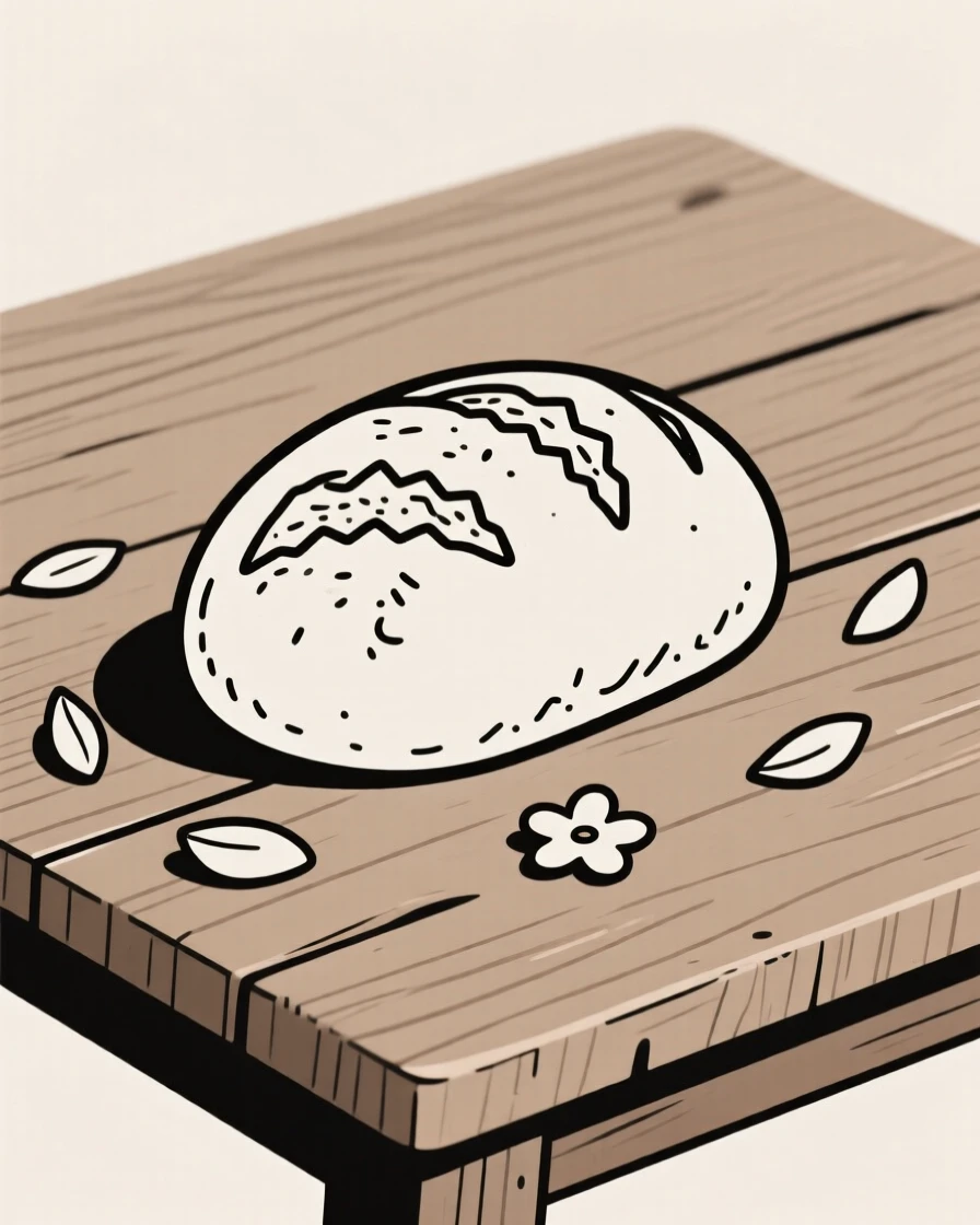 A homemade loaf of crusty bread cooling near scattered flower petals on a rustic wooden table, expressing homemade delight.