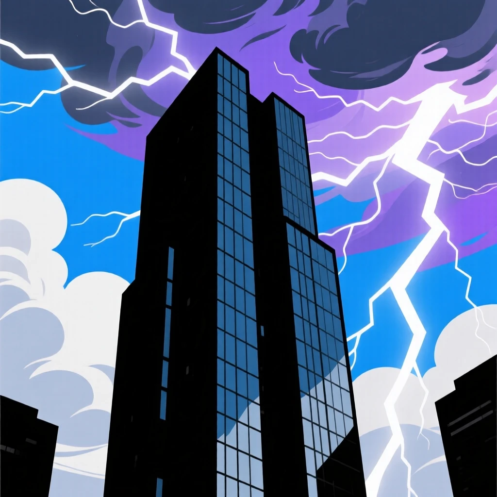 A modern glass skyscraper reflecting the clouds of a passing storm.