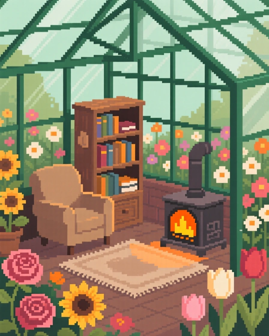 A cozy library alcove warmed by a small wood stove nearby, in a greenhouse full of blooming flowers.