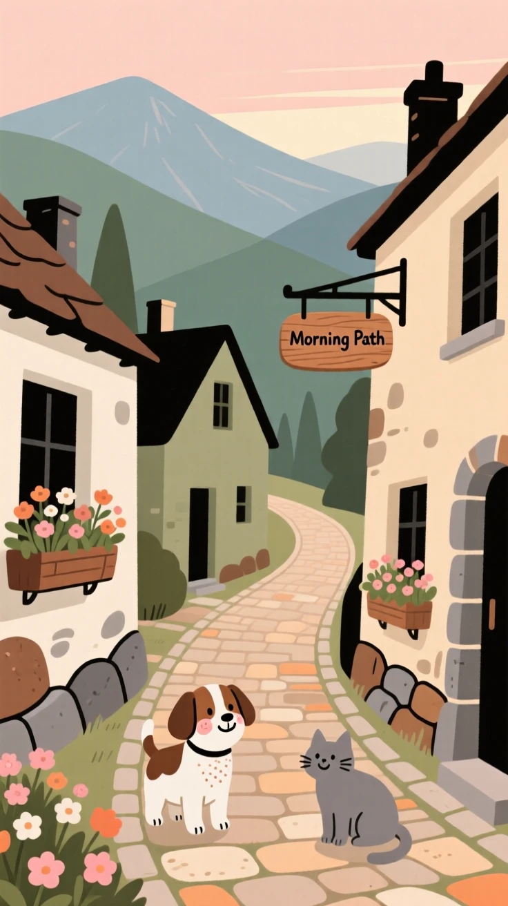 A narrow winding street winds through a small mountain hamlet lined with stone cottages and window boxes full of flowers, quiet in the early morning light.