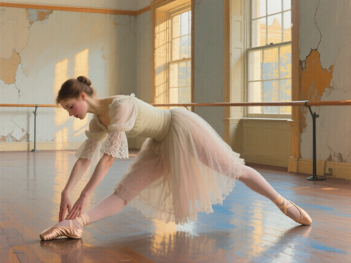 A detailed close shot of a young dancer stretching before a rehearsal in an empty studio, in early morning light, in the Edwardian era.