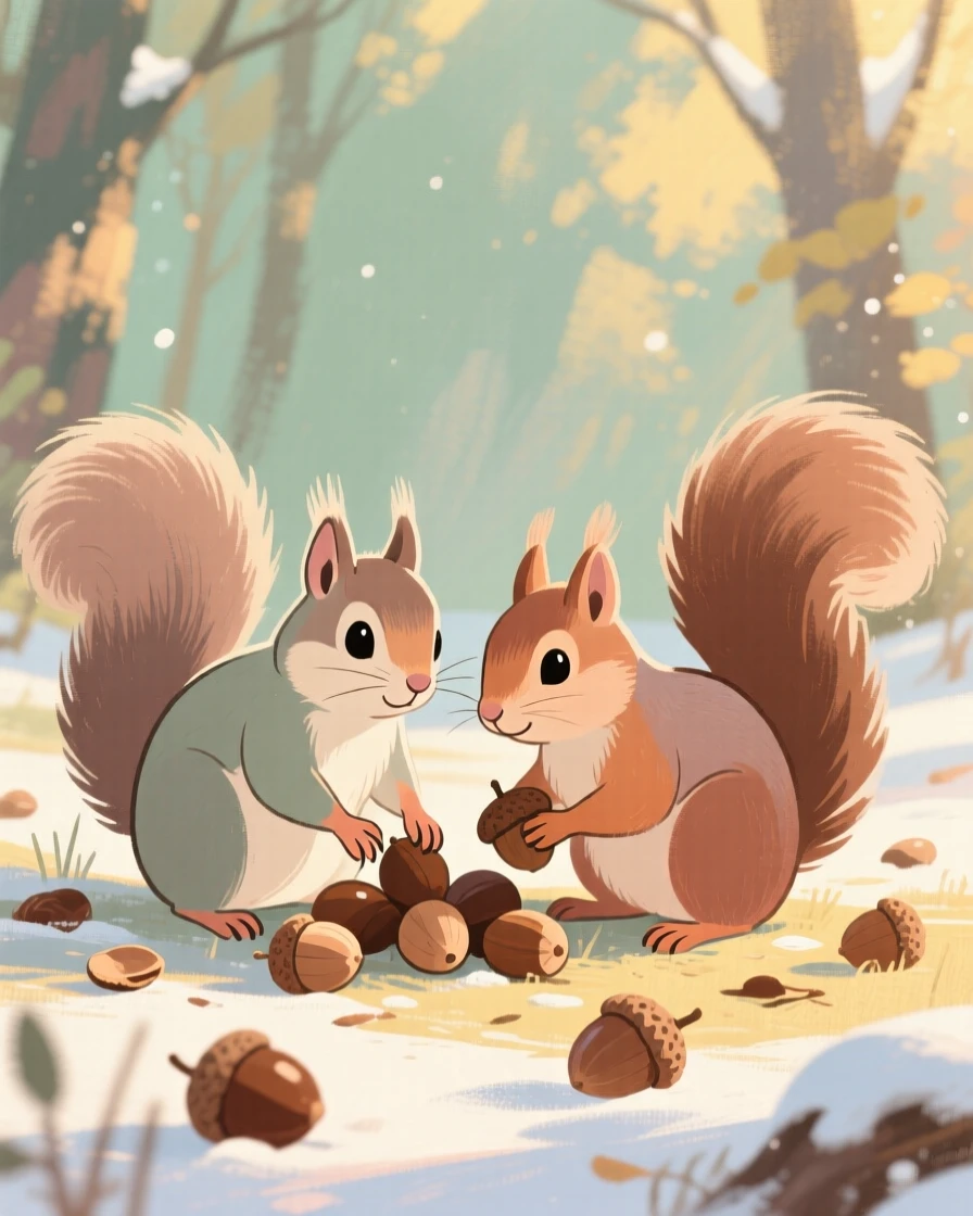 A pair of chipmunks gathering acorns for the winter