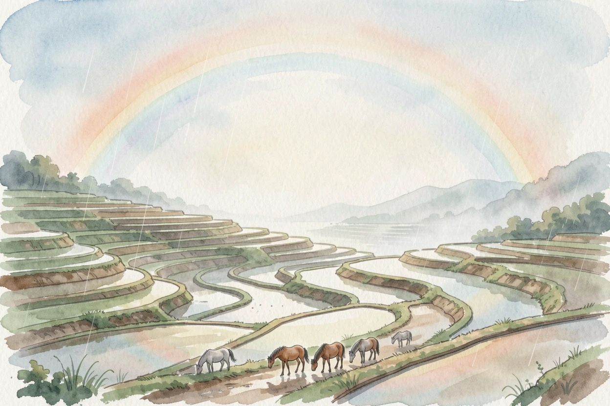 A terraced rice field beneath a rainbow after rain with wild horses grazing nearby.
