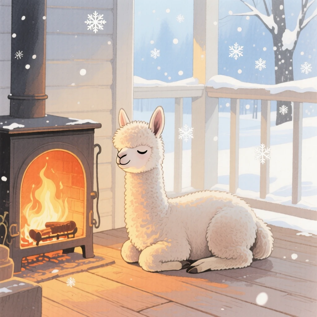 A baby llama dozes beside a warm hearth in a sunlit cottage porch, with snowflakes drifting softly down