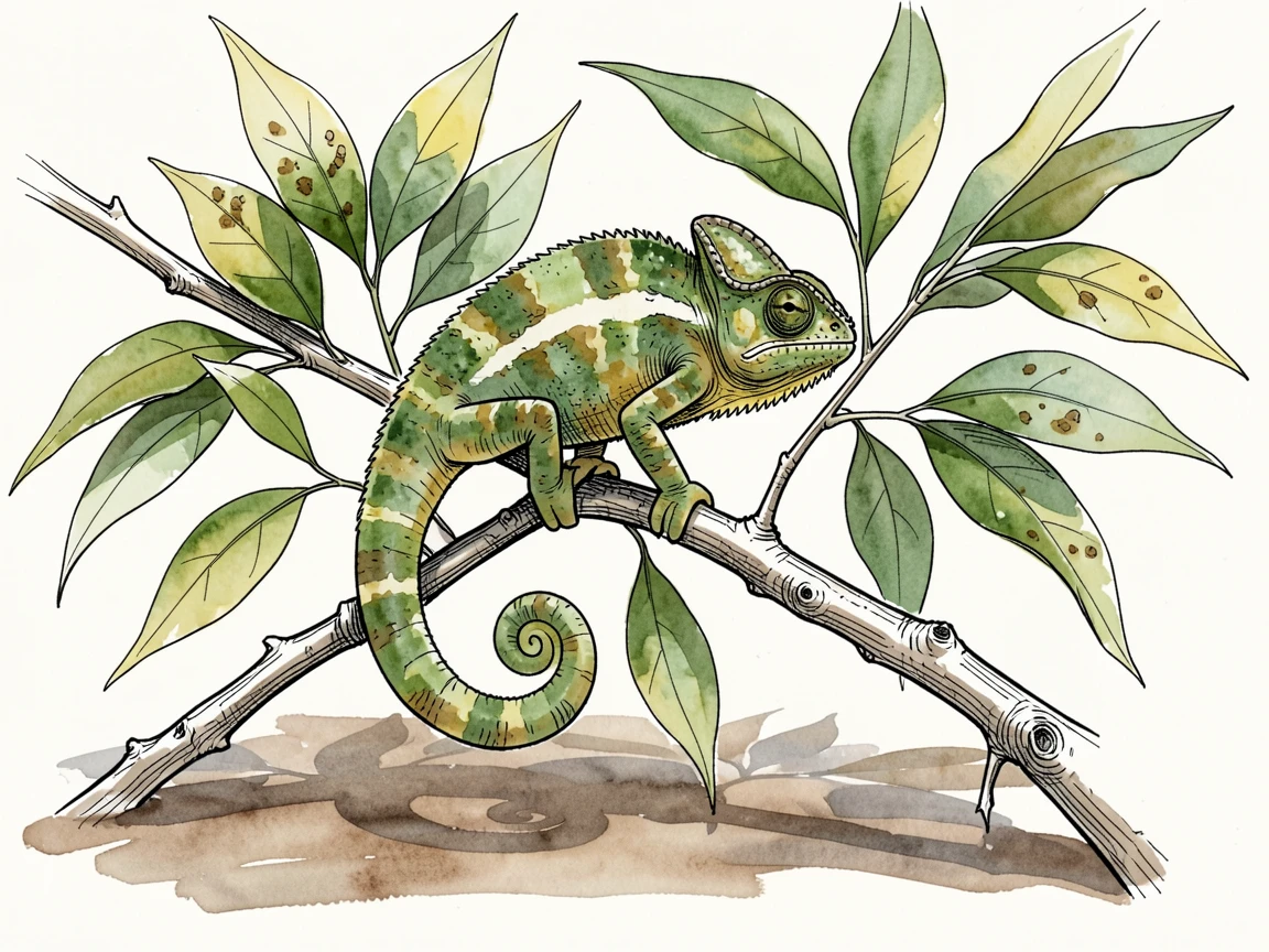 A chameleon perched on a branch, its skin shifting to match the leaves, soft shadows stretching long across the ground.