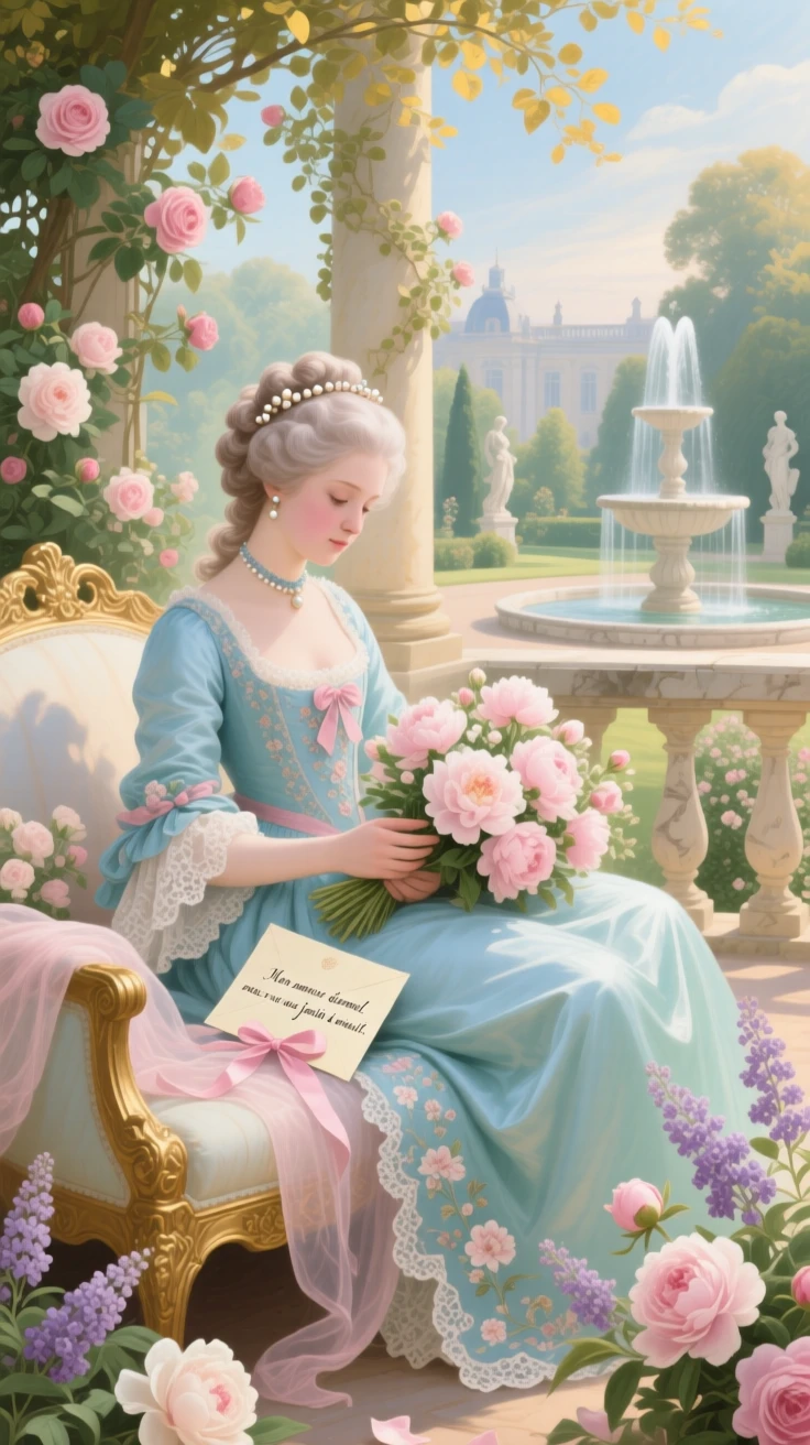 A princess finding a letter hidden inside a bouquet of peonies  