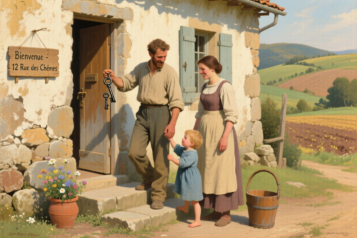 A young family moving into their first house, keys held up proudly, with warm, inviting colors throughout the scene, capturing an everyday moment that feels timeless and precious