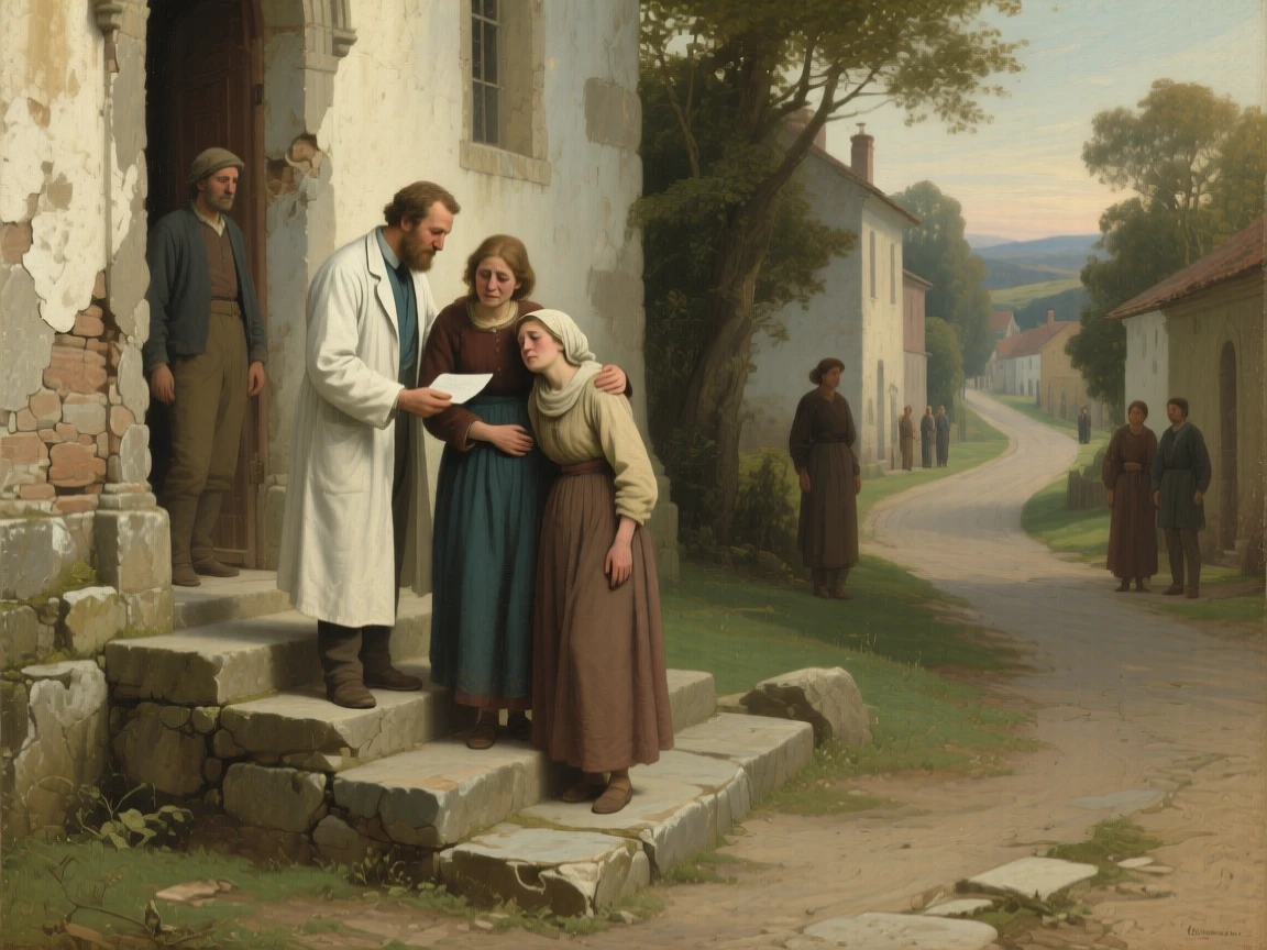 A doctor delivering hopeful news to an anxious family in the raw, unguarded instant emotion breaks through, set on the worn steps of a village church, with distant figures watching quietly from a respectful distance; converging paths in the background lead directly to the embracing pair, radiating hope restored after long hardship.