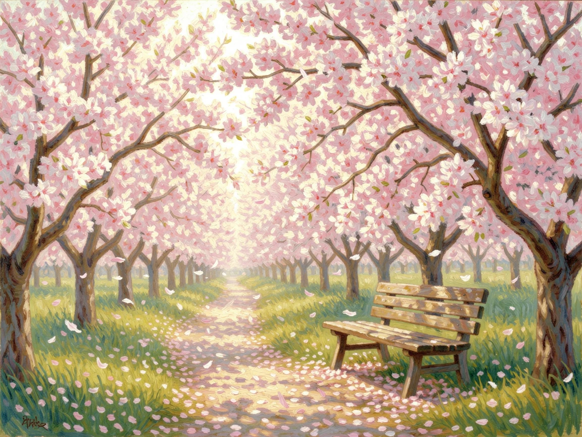 An orchard in full blossom, pink and white petals drifting onto a grassy path where a wooden bench sits beneath the branches.