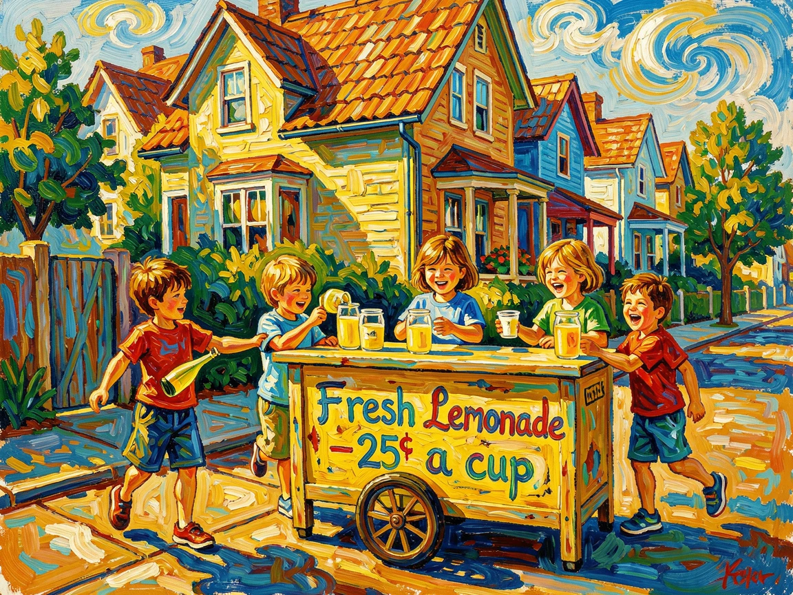 A neighborhood street lined with children selling lemonade from a hand-painted stand.