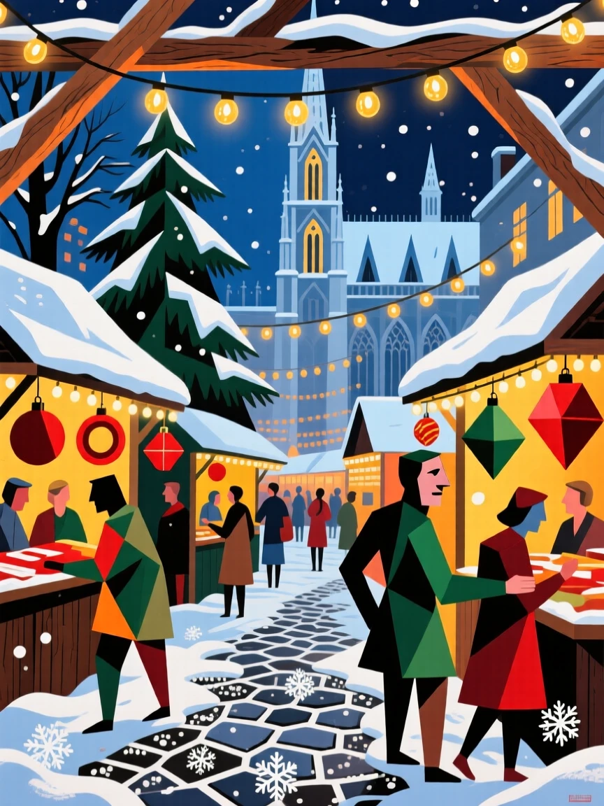 A snow-dusted Christmas market in Vienna glowing with warm string lights.