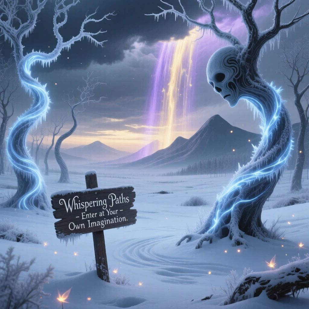 A winter forest where every branch is coated in glowing frost settles quietly over a wide, empty countryside, as soft light breaks unexpectedly through heavy clouds.