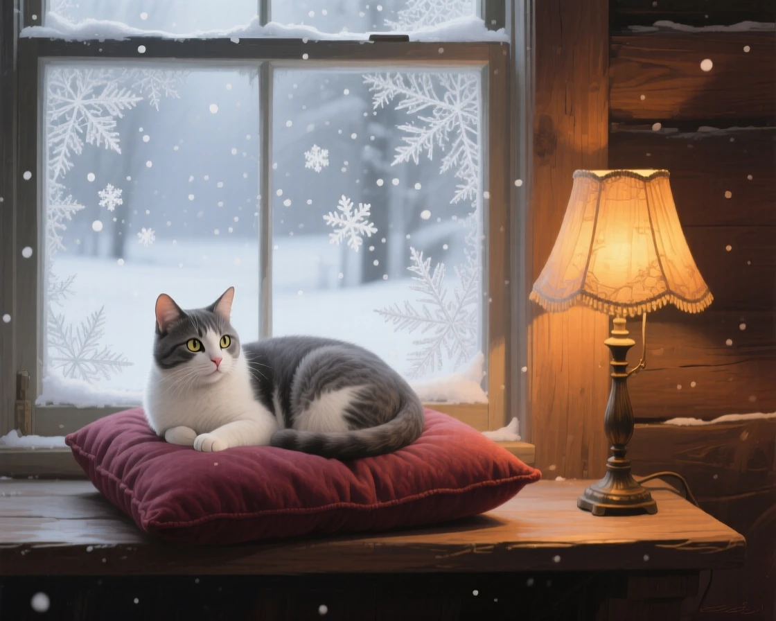A serene cat watches snowflakes fall outside a frosted window, curled on a warm windowsill cushion beside a softly glowing lamp, its posture alert yet relaxed, fully at ease within its natural surroundings.