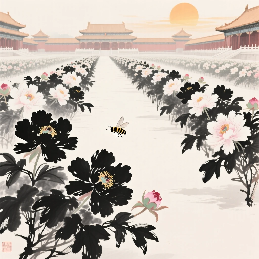 Rows of peonies in a palace garden open beneath the summer sun, as bees drift lazily between the blossoms.