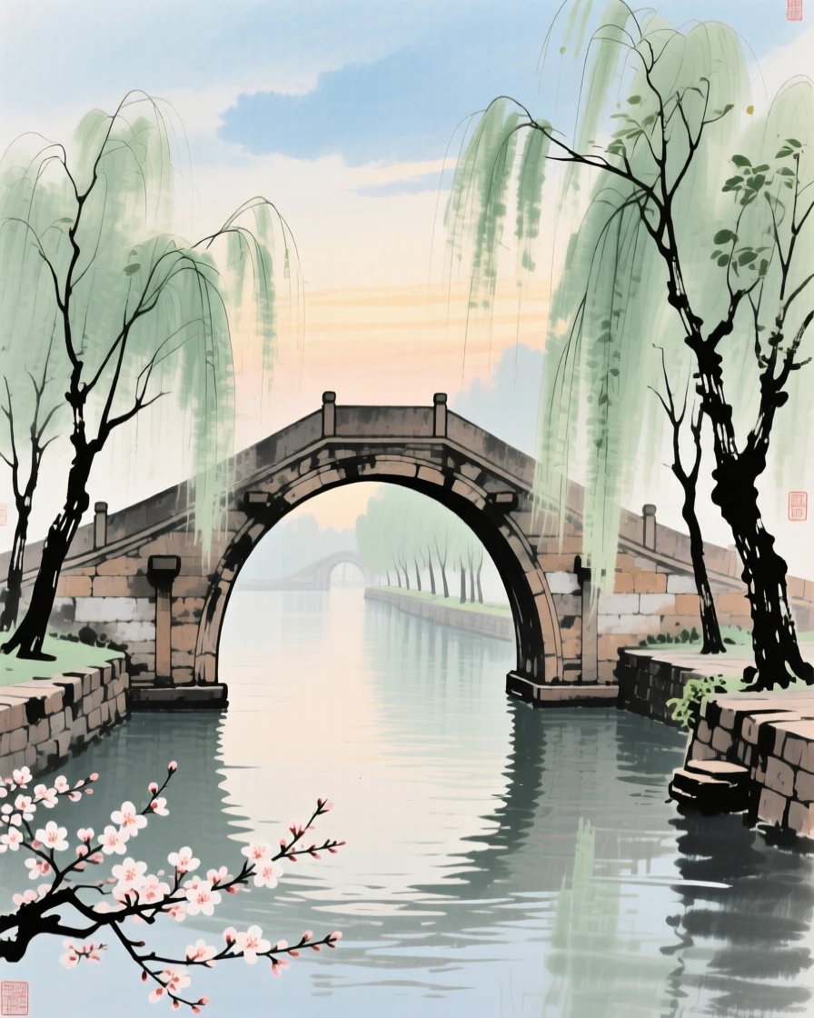 An arched stone bridge over a canal lined with willow trees, in a warm breeze carrying the scent of blossoms, at dawn.