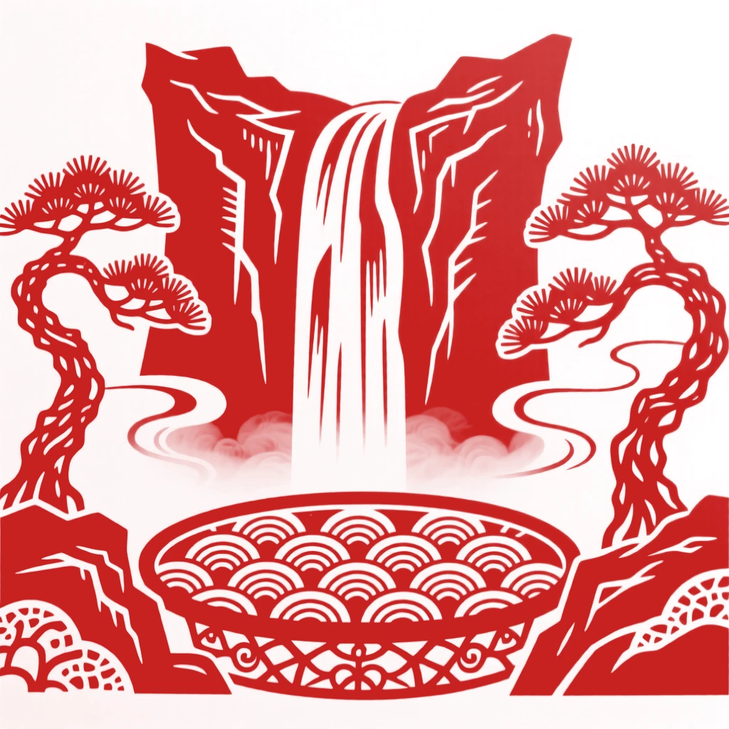 A waterfall cascading from a cliff into a deep pool surrounded by twisted pine trees, mist rising to wreath the rocks below