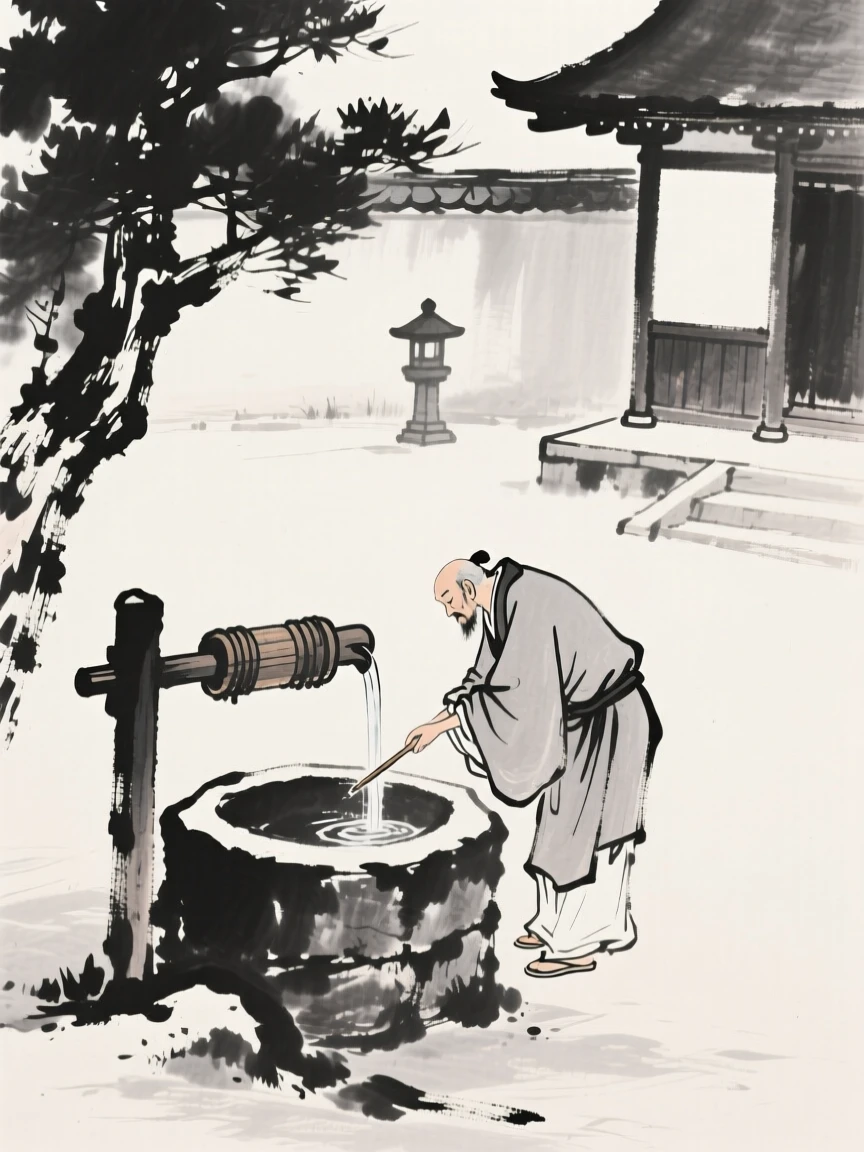 A wandering scholar drawing water from a village well within a peaceful temple courtyard, composed with soft light falling across the scene, suggesting harmony between people and their surroundings.