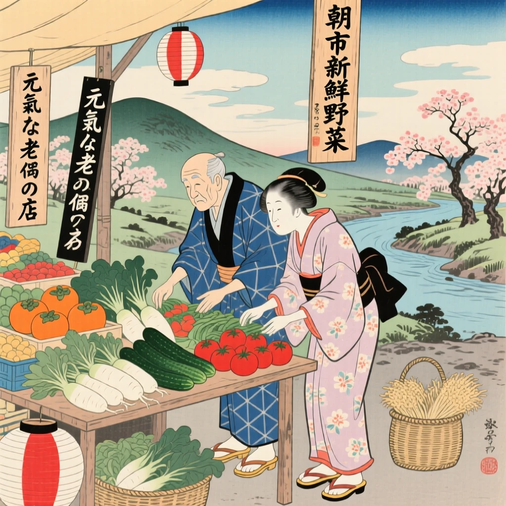 An elderly couple arranging fresh produce at a morning market.