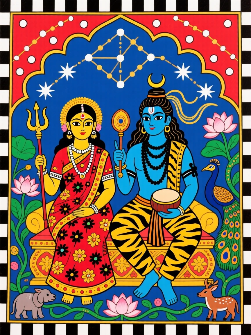 Parvati and Shiva seated together beneath a canopy of stars.