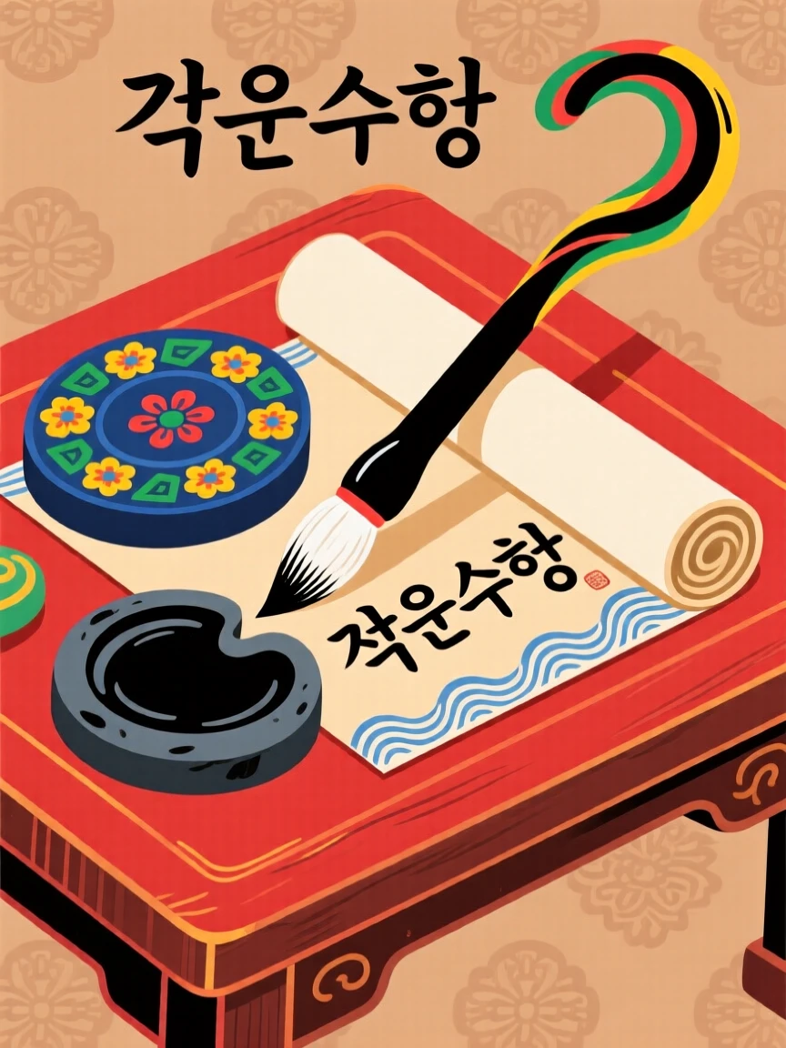 An ink stone, brush, and rolled scroll arranged on a scholar's desk.