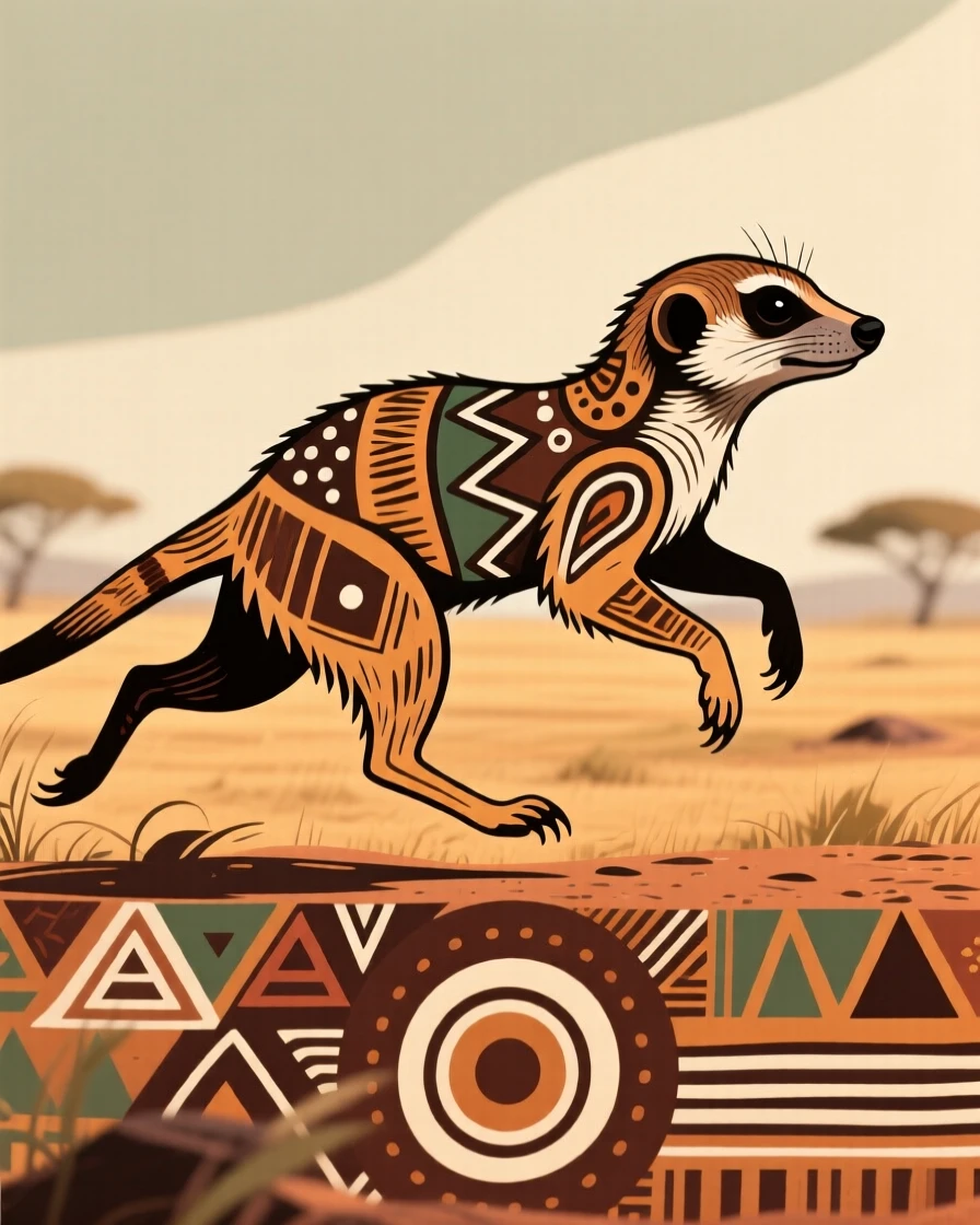 A meerkat running across the open plain.
