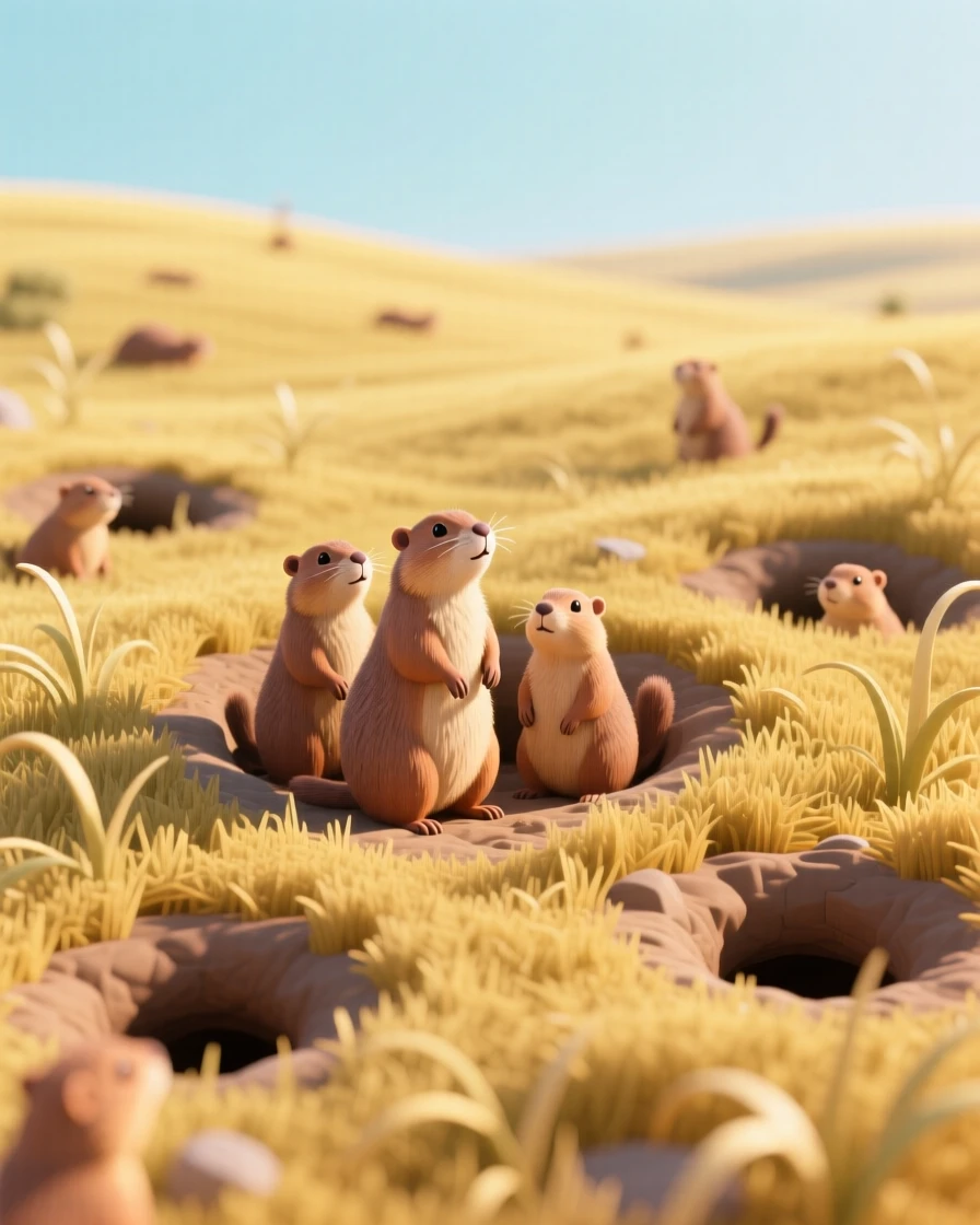 A group of prairie dogs popping up from their burrows across a golden grassland, alert and watching the horizon.