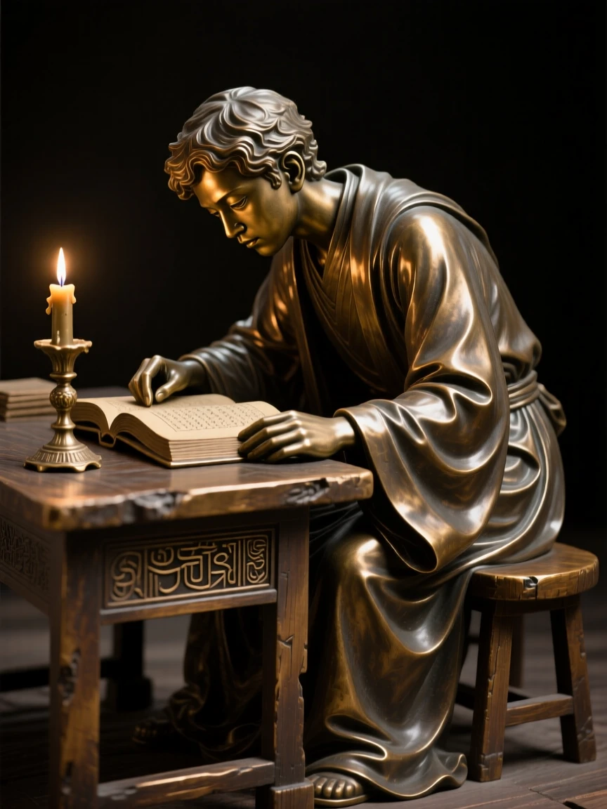 A young scholar poring over ancient texts by candlelight, with powerful, expressive body language, forming a strong central focal point