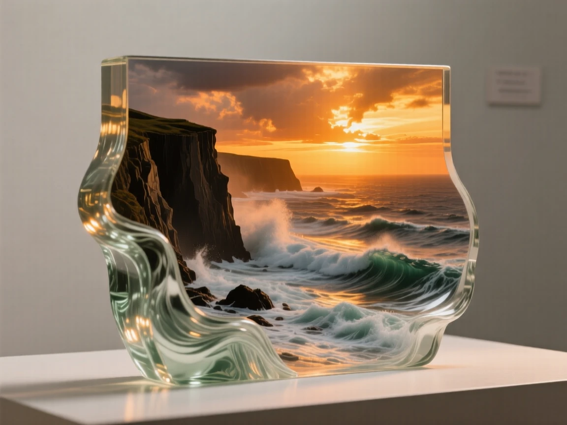 A coastal cliff overlooking a stormy sea bathed in the warm glow of sunset, rich saturated colors, evoking a deep sense of wonder.
