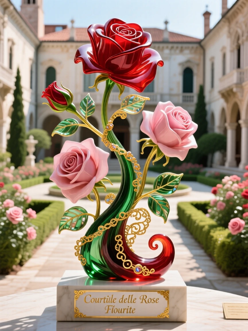 A grand palace courtyard filled with blooming rose gardens, opulent and elegant.