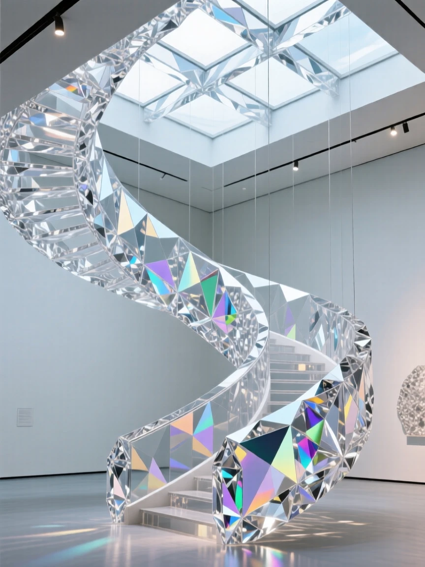 A dramatic modern art museum interior with a suspended spiral ramp and skylights.