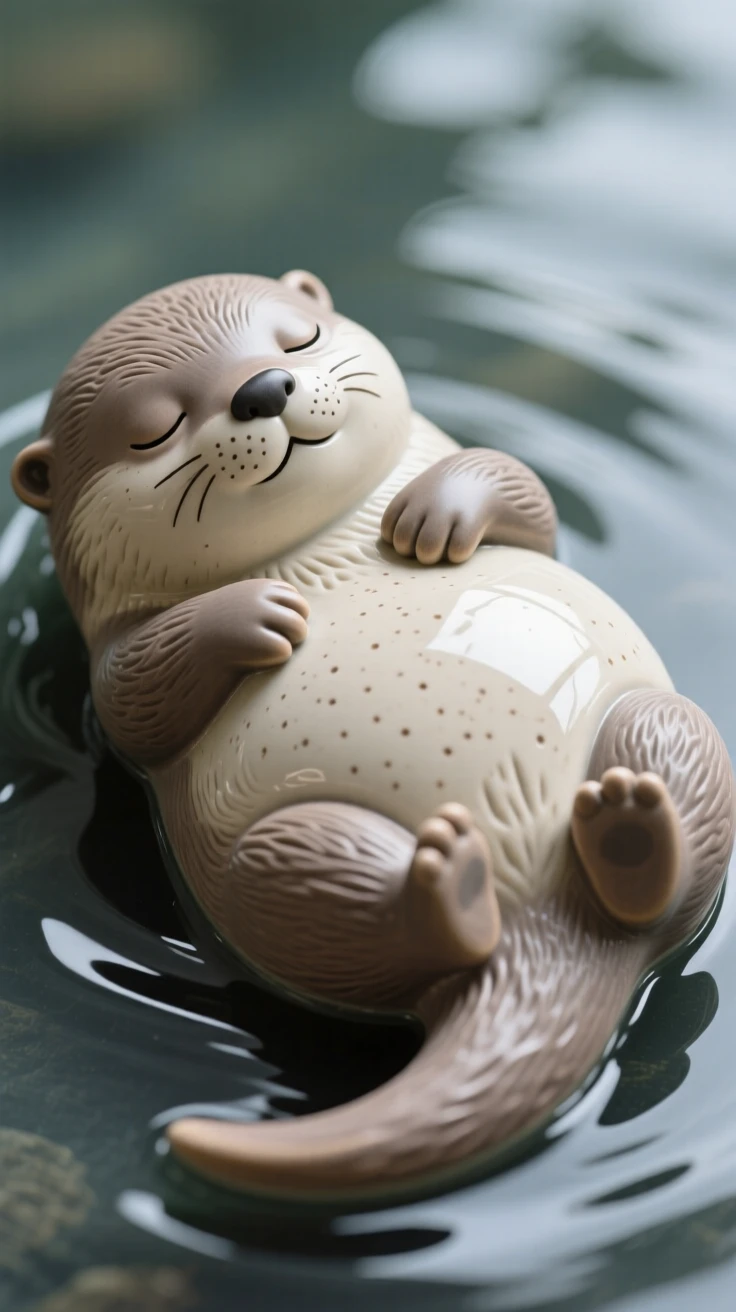 A plump baby otter floating on its back curled up in a picture of sleepy contentment, dotted with tiny, delicate freckled markings, evoking pure, heartwarming sweetness.