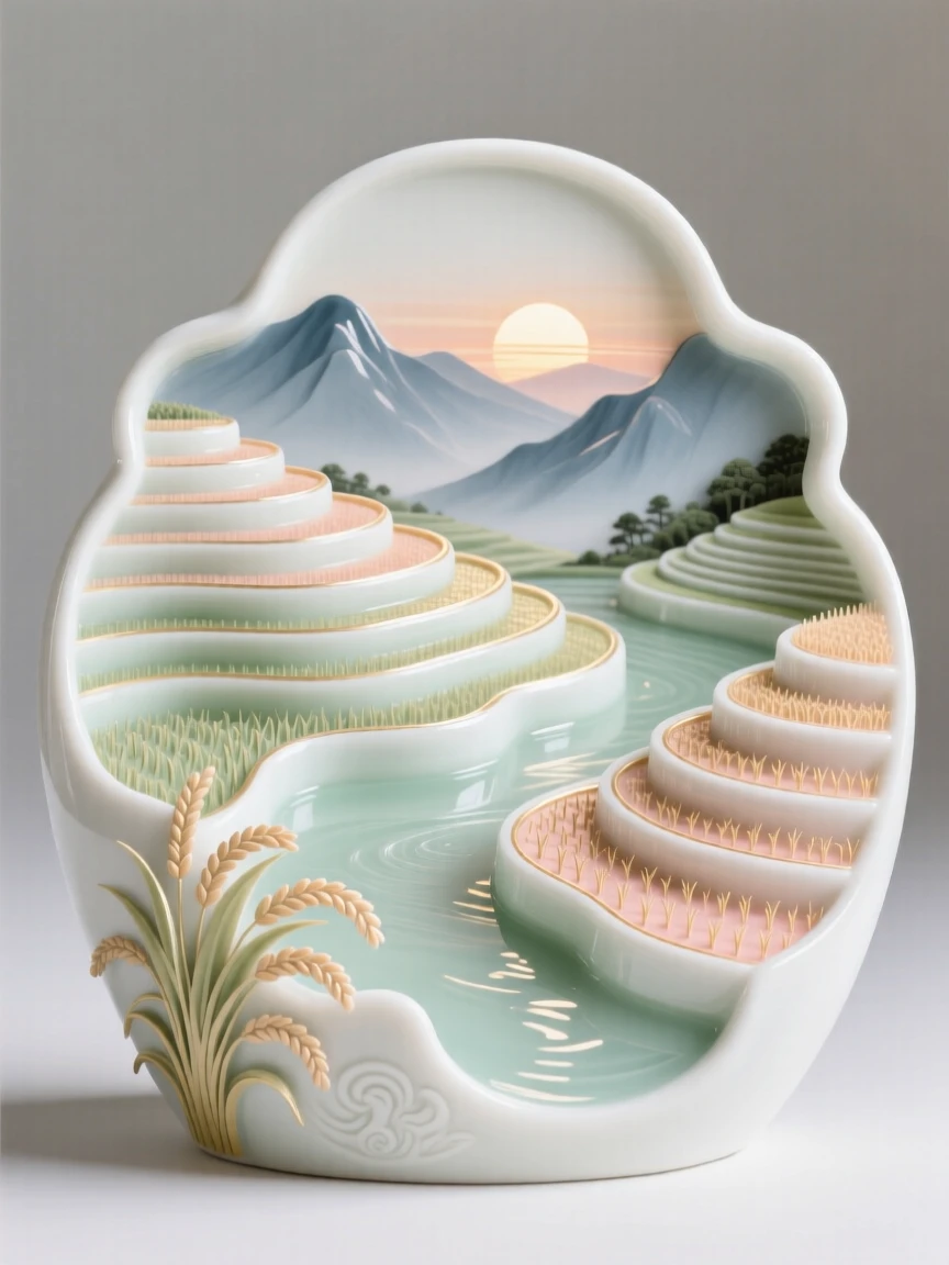 A tranquil terraced rice paddies at sunrise, framed by distant mountains.