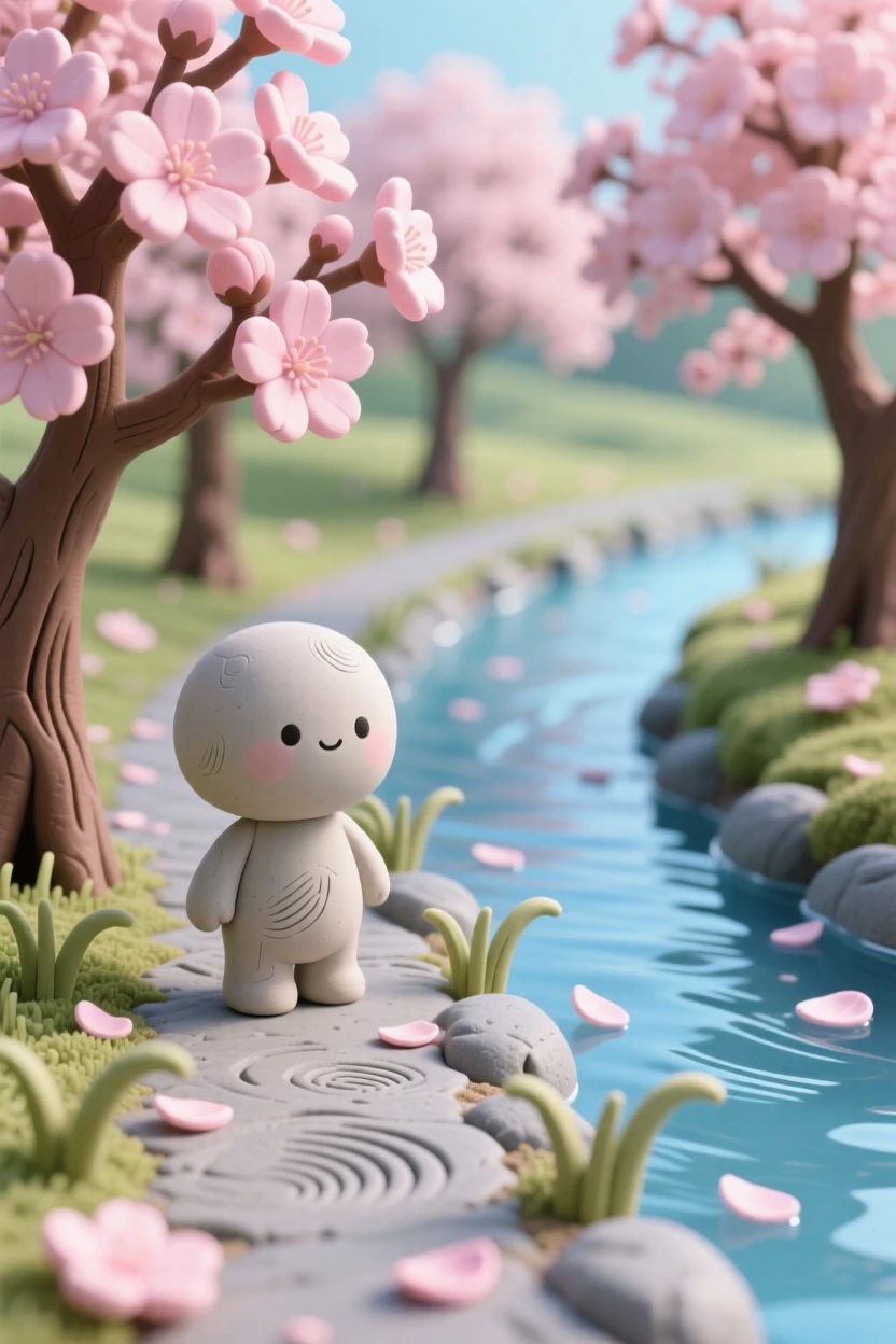 A cherry blossom grove in full bloom along a quiet river path