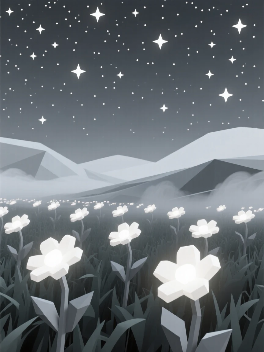 A field of glowing flowers beneath a starry night sky, surrounded by soft glowing mist. the composition uses a wide, immersive perspective. The scene radiates a calm, meditative stillness.