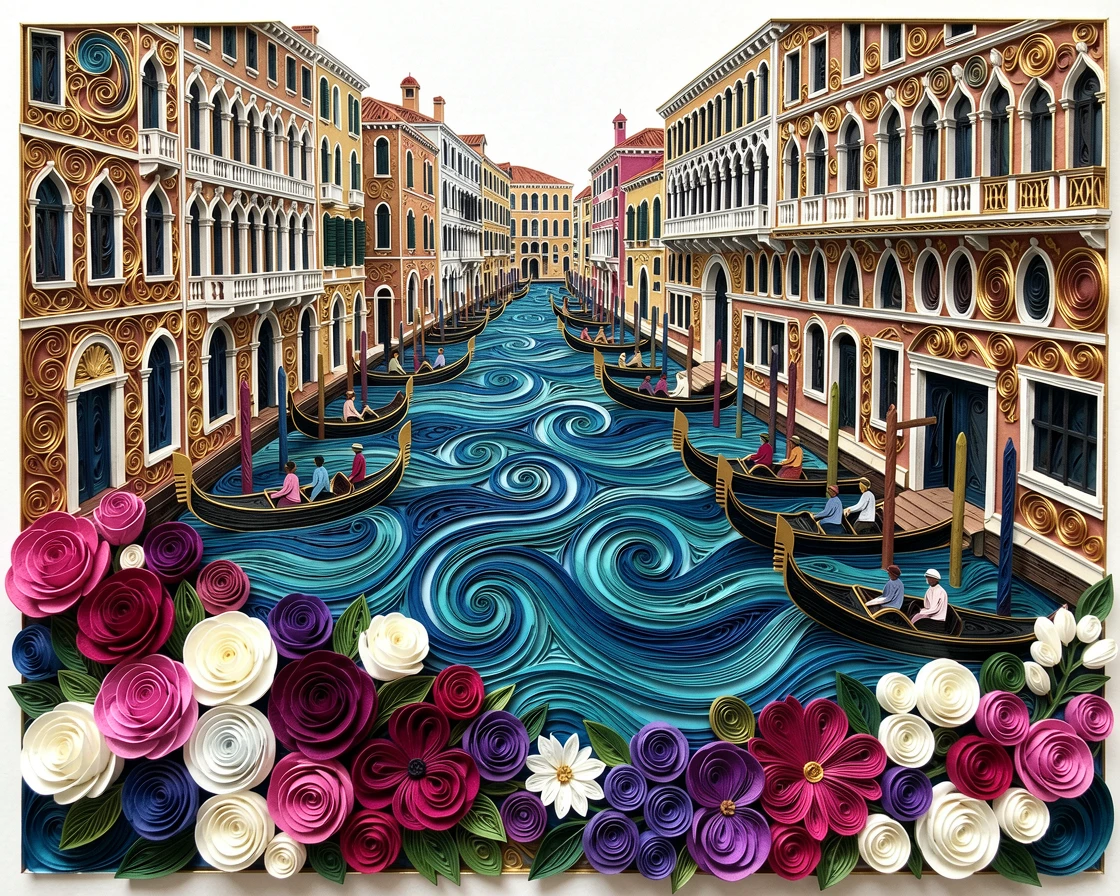 Venice's Grand Canal lined with gondolas, framed by blooming seasonal flowers in the foreground, framed with a dramatic wide-angle perspective, in a rich palette of blue, teal, and gold.
