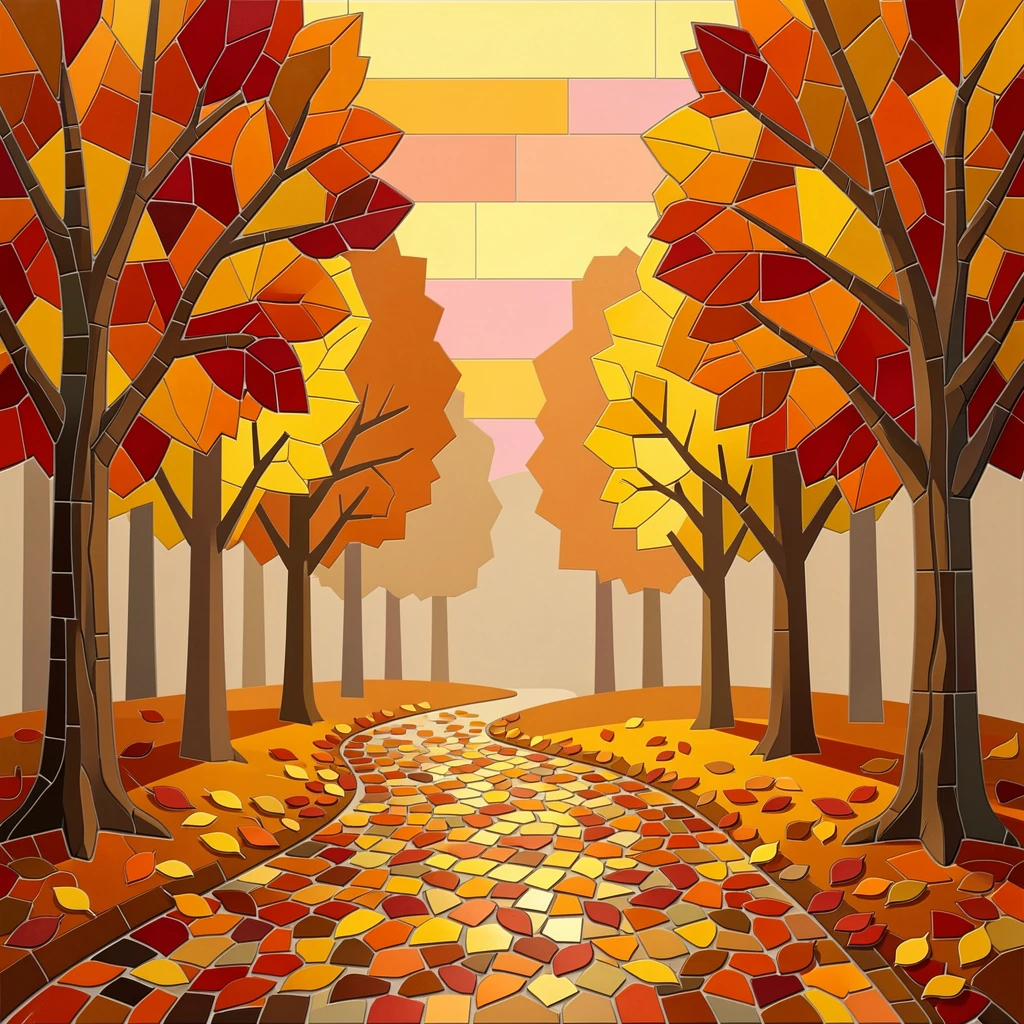 A colorful autumn forest with a winding path covered in fallen leaves, bathed in the warm colors of a golden hour sunset.