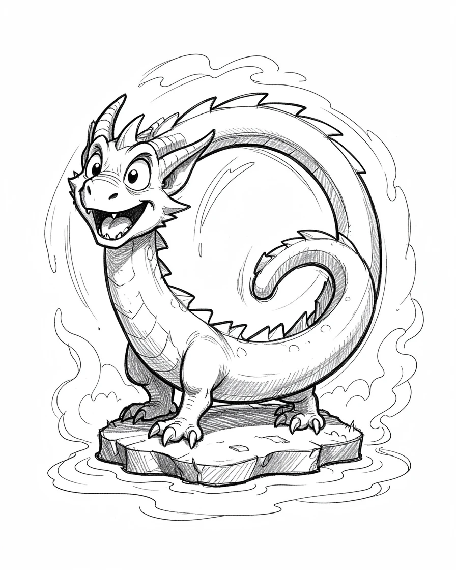 A young dragon chasing its own tail on an island surrounded by fog.