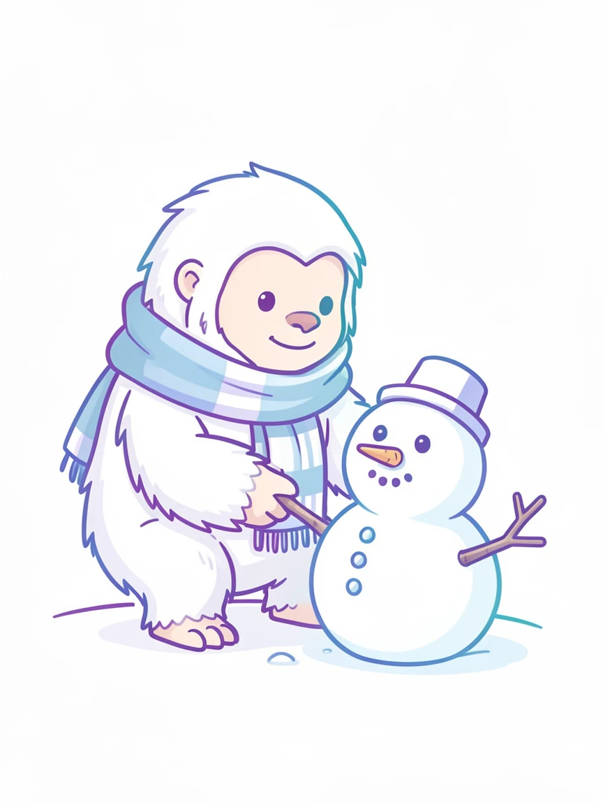 A miniature yeti wrapped in a scarf building a small snowman.