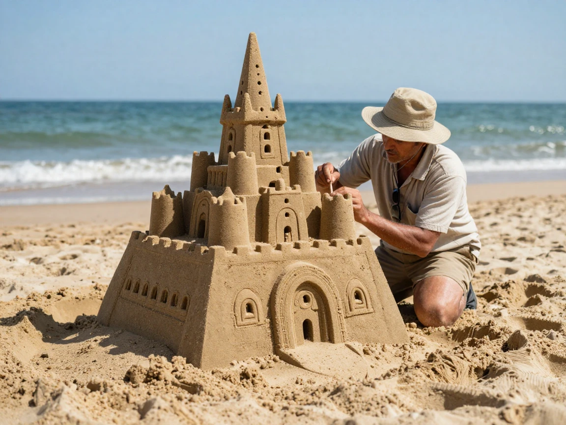 A sand artist sculpting a detailed castle on the beach