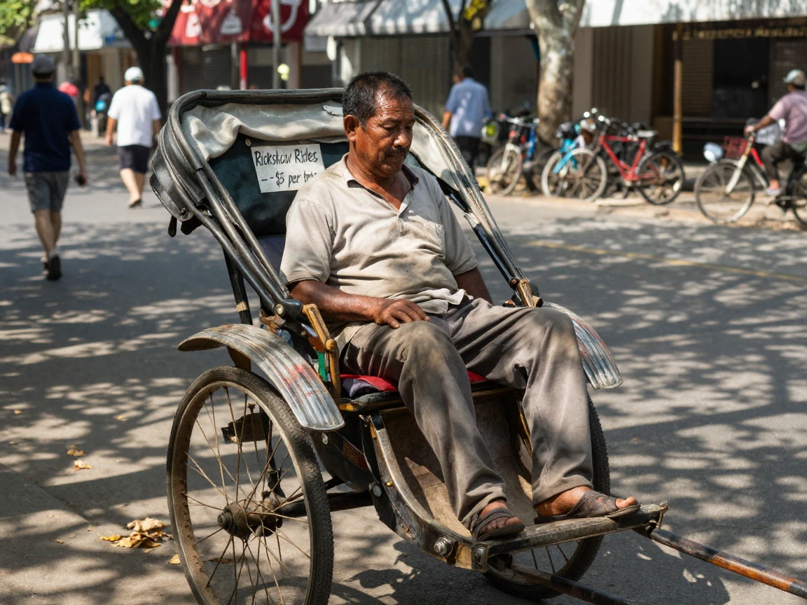 A rickshaw puller rests in the shade of his cart during the midday heat.