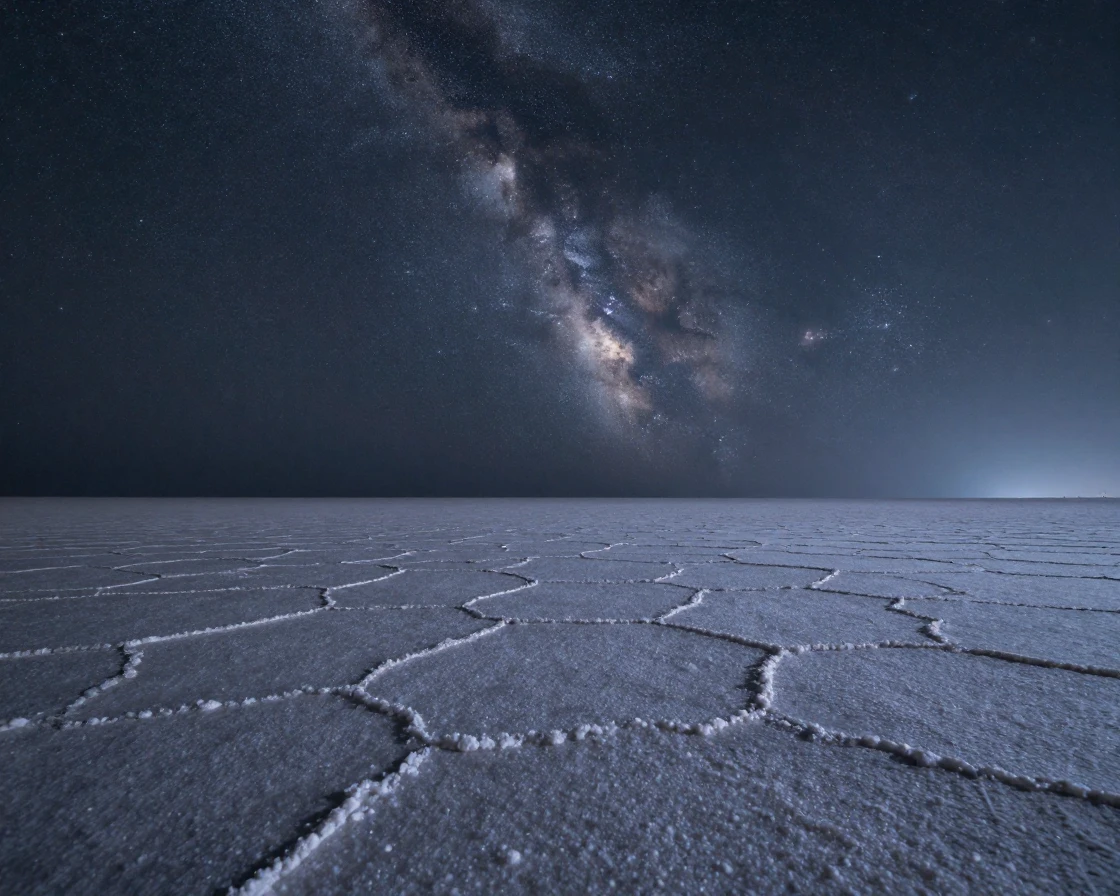 A vast salt flat stretching to the horizon under a sky full of stars