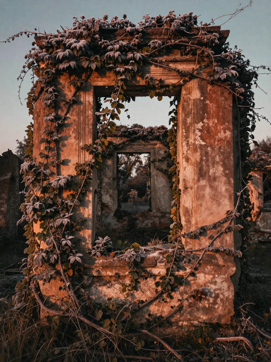 A crumbling ancient ruin overtaken by climbing vines, in the last light of dusk, with frost coating every surface, as summer fades into fall, in earthy terracotta and ochre shades, shot from directly overhead.