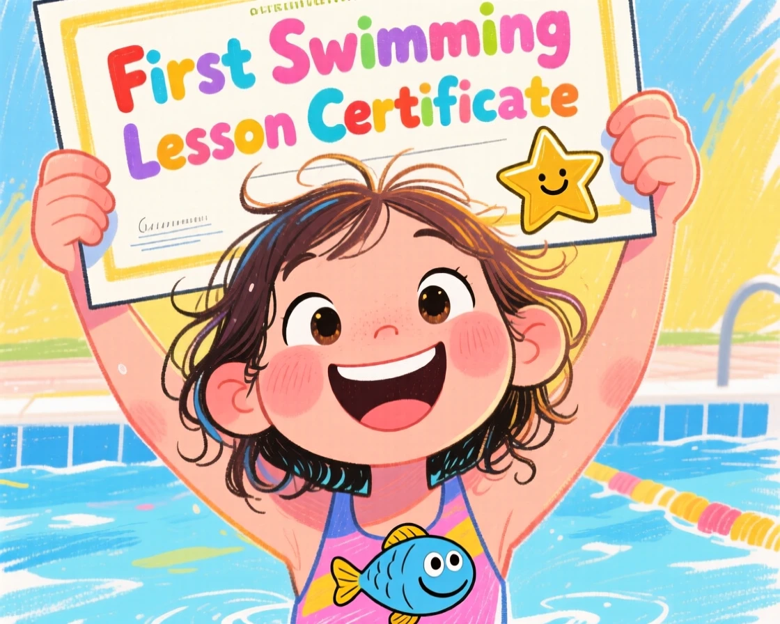 A young girl proudly holding a certificate after her first swimming lesson.