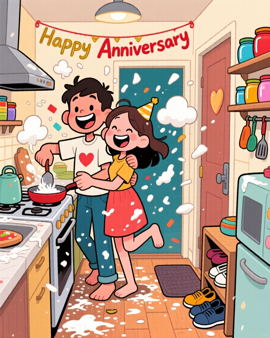 A heartwarming scene of a couple celebrating an anniversary cooking a meal together in a cramped kitchen, flour flying everywhere, with everyone's shoes kicked off by the door.