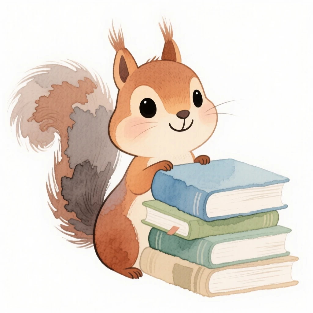 A squirrel with an acorn peeking out from behind a stack of books
