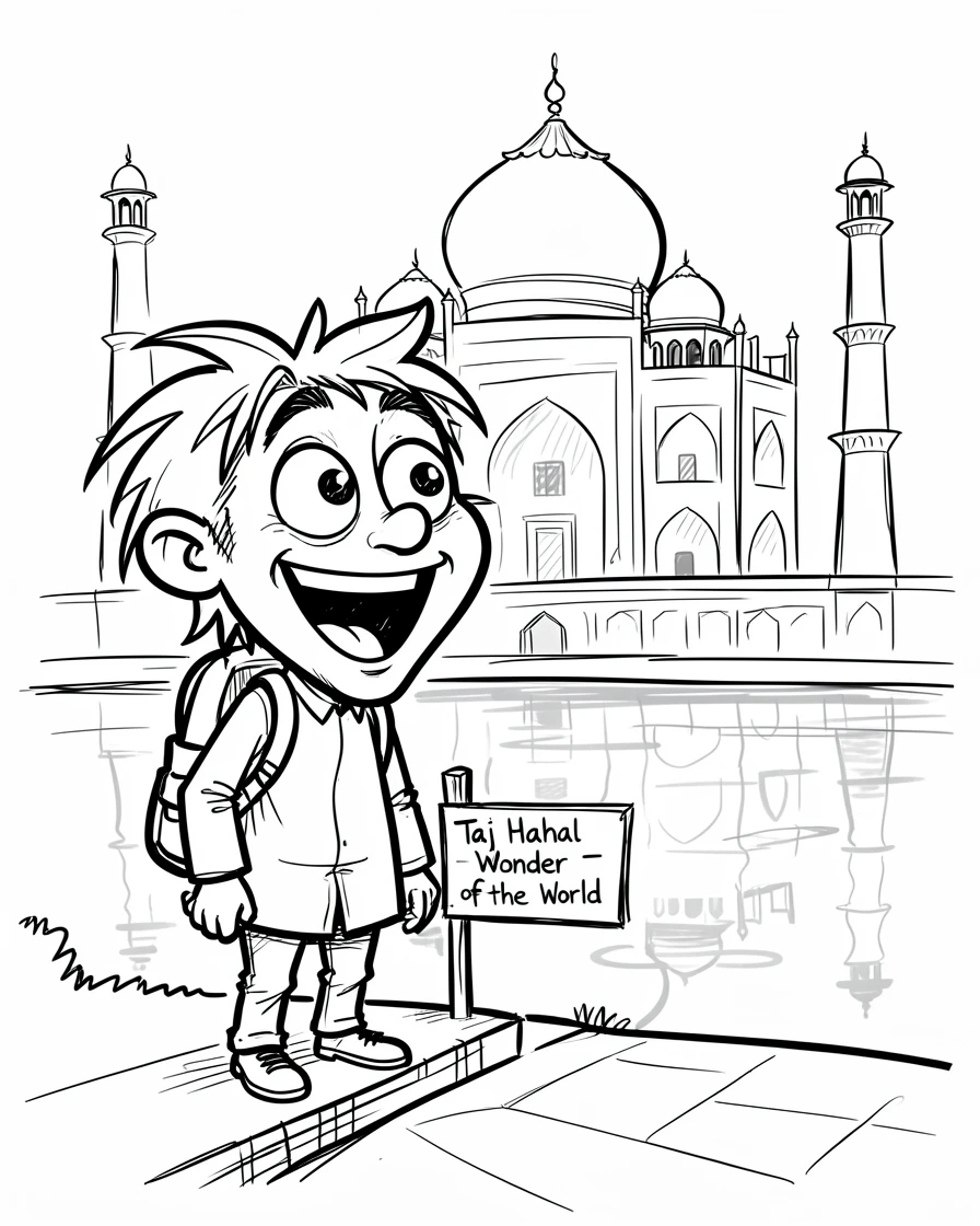 [Travel & Cultural Experiences] Vivid travel scene of a traveler admiring the Taj Mahal reflected in still water, full of wonder and adventure