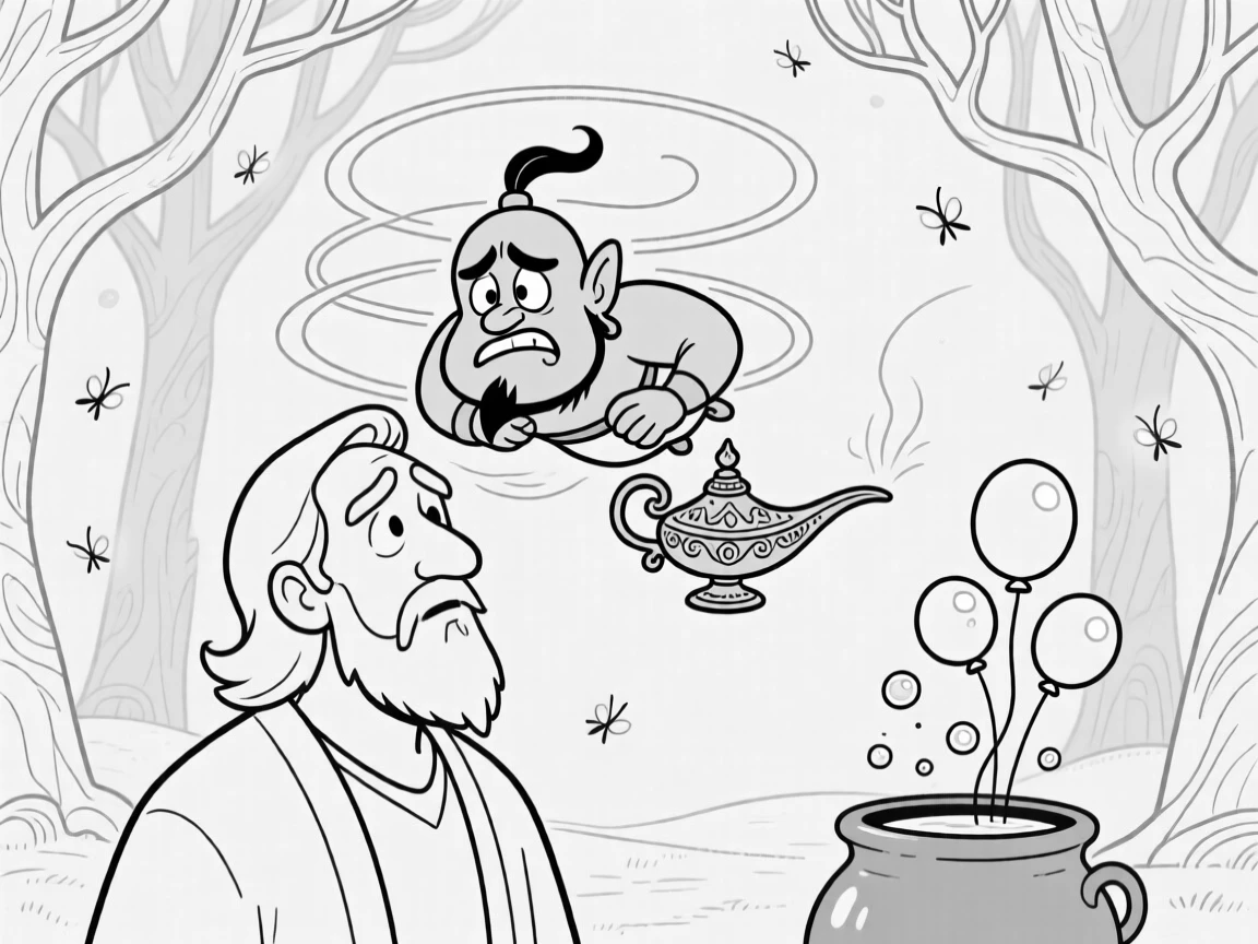 A grumpy genie squeezed uncomfortably into a tiny lamp, flying loops around its master's head in protest, set in an enchanted forest glowing with fireflies. Bubbles from the cauldron float up like little balloons. It's a whimsical moment that feels both magical and silly.