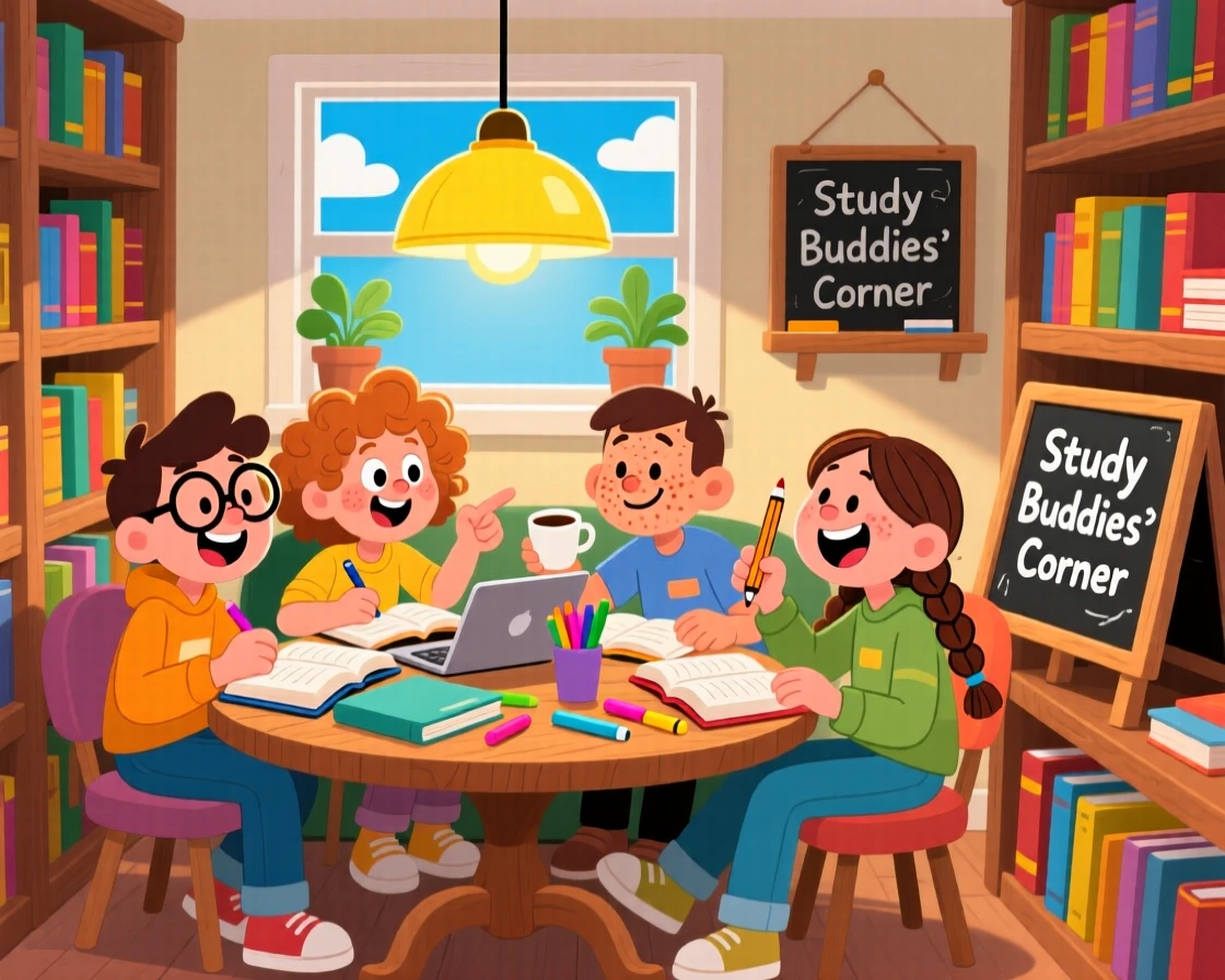 A group of friends studying together in a cozy library nook.