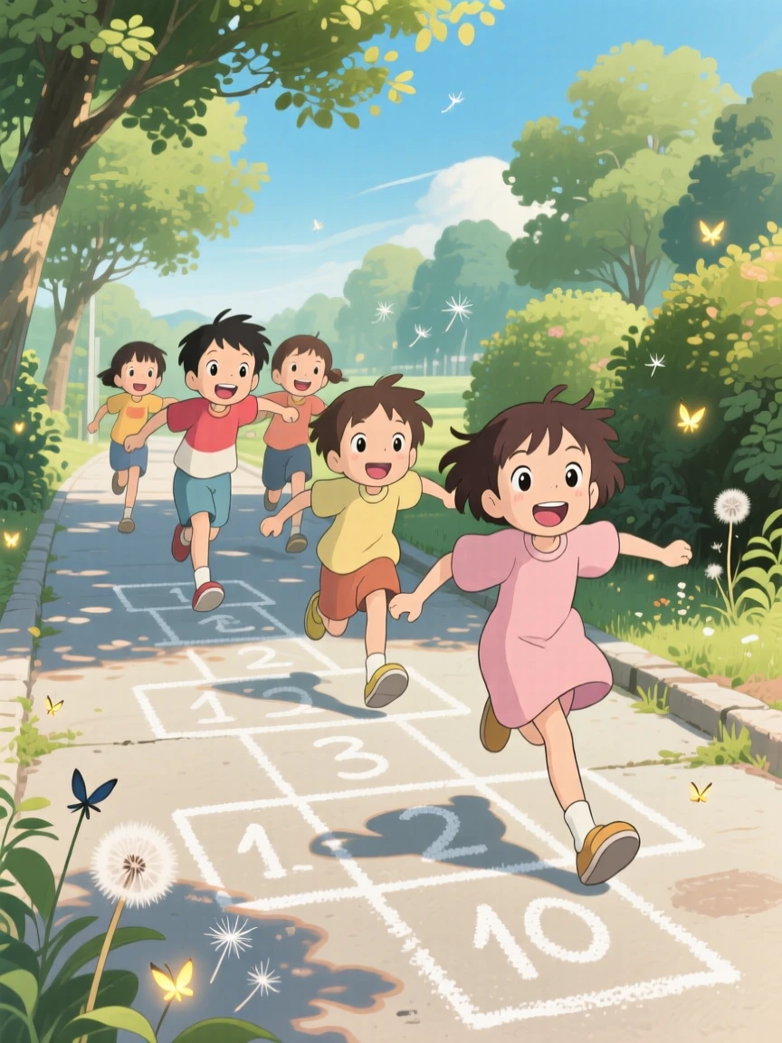 Kids playing hopscotch on a chalk-drawn sidewalk, the moment full of laughter and energy.